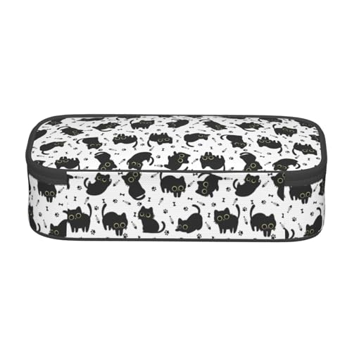 Image of Cute Black Cat Fish Bones Large Pencil Case With Zipper Compartments Stationery Pencil Bag For Kids Teens Students School Supplies