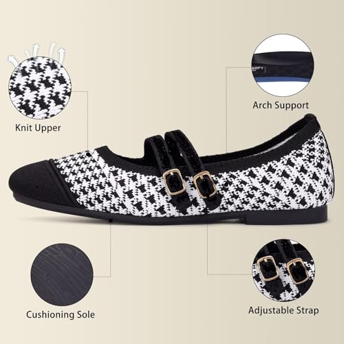 Image of Frank Mully Women's Flats Square Toe Mary Jane Shoes Ballet Flats with Strap Comfortable Slip On Knit Shoes Dressy Casual