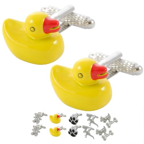 COLLAR AND CUFFS LONDON Gemelos Camisa Hombre Divertido - con Caja - Gemelos para Camisas - Pato - Latón - Color Amarillo y Rojo - Río Animal Pájaro - Un Par