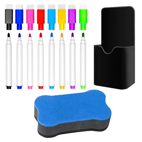 9pcs Stylos de Tableau Blanc et Ensemble de Gomme avec 1 éponges magnétiques 1 porte-stylos magnétiques - Feutre Tableau Blanc Effacable Enfants Faciles à Effacer,...