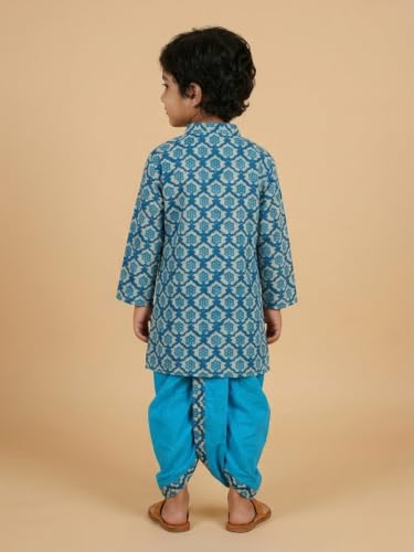 Image of The Mom Store Baby /Kids Boys Dhoti Kurta Set | Dhoti and Kurta | 100% Cotton | Comfortable | Ethnic | Festive Look | Block Prints | Colored Dhoti | Blue