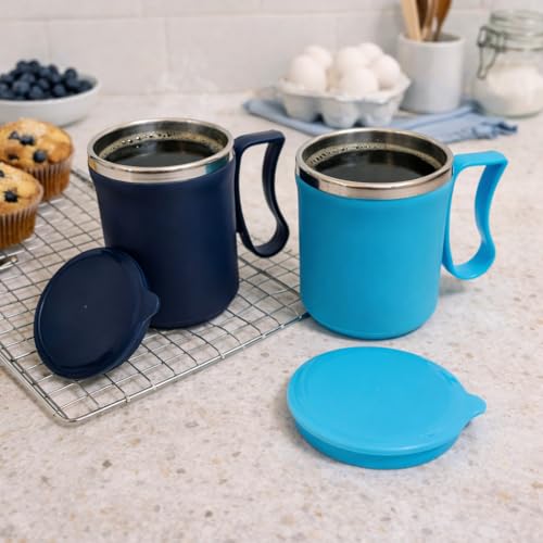 Image of Insulated Stainless Steel Coffee Mug with Lid, 300ml, Double Wall, Reusable Travel Mug for Home & Office (Navy Blue - Sky Blue)