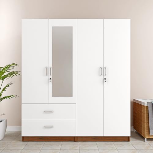 Image of VIKI Wardrobe | Wooden Almirah for 4 Door 2 Drawer with Shelves & 2 Hanging Space Mirror Wardrobe (Walnut | White - 40D x 160W x 180.8H) | 1 Year Warranty | Free Assembly