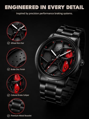 Image of V2A Men's Analog Automotive Inspired Wheel Rim Design Wrist Watch | Stainless Steel Bracelet| Quartz Movement | 30M Water Resistant | Premium Black Metal Strap Watch for Men | Casual & Formal
