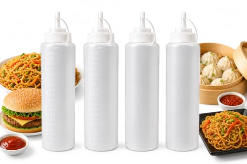 Image of 1000ML Squeeze Bottle Pack of 4, Food Grade Plastic Condiment Dispenser Bottles with Measurement Marking, Leakproof Sauce Bottle for Ketchup, Mayonnaise, Oil, Vinegar, Chutney, Syrup & Salad Dressing