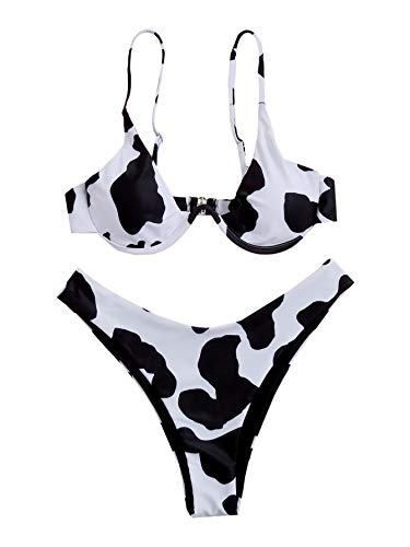 Verdusa Women s Sexy Triangle Bathing Two Pieces Swimsuit Bikini Set Cow Print M
