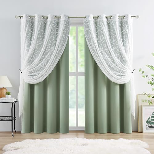 Image of Mix Matched Green Full Blackout & Sheer Leaf Lace Curtains 52 inchWx95L 6Panels | White Lace Sheer Leaf & Green Blackout Combo Set, 2 Blackout+2 Sheer Panels, 4-Piece Set, Mix and Match Style Grommet Top