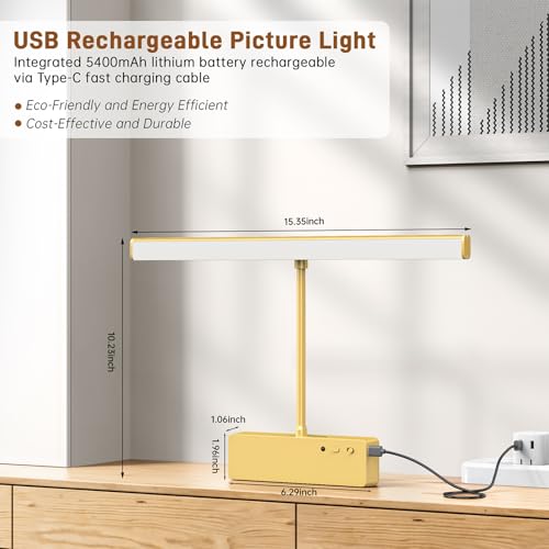 Picture Light, 15.35inch Wireless Picture Lights for Wall Rechargeable, 5400mAh Battery Wall Light with Remote, 3 Color Art Lighting for Paintings with Timer and Dimmable for Display, Gallery (Gold)