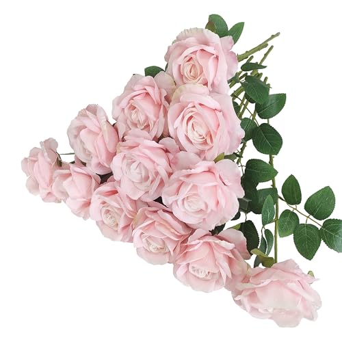ATFL Fake Roses Artificial Flowers Bulk,Floral Diameter 4'',20 Pcs Artificial Silk Roses Flowers with Stems for Wedding Arrangement Centerpieces Party Home Table Decorations (20, Light Pink)