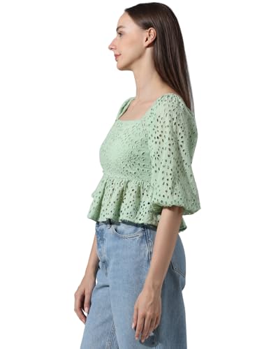 Image of ONLY Self Design Schiffli Square Neck Puff Sleeves Smocked Pure Cotton Top