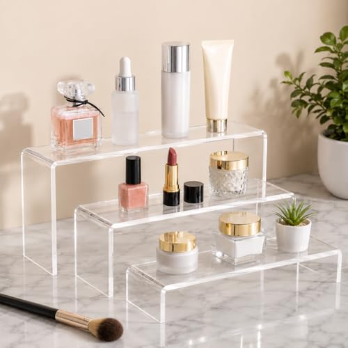 Image of SMILEDRIVE Acrylic Stand for Display, 5mm Thick Acrylic Risers, Set of 3 | Clear, Stackable Display Shelves, For Jewellery, Bakery, Cosmetics, Perfumes, Collectibles