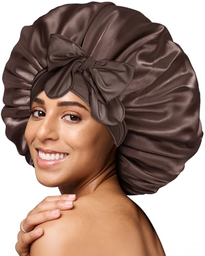 Image of BONNET QUEEN XL Large Silk Bonnet for Sleeping for Women Big Satin Bonnet Night Cap for Curly Hai rwith Tie Band, Single Layer, Large, Chocolate