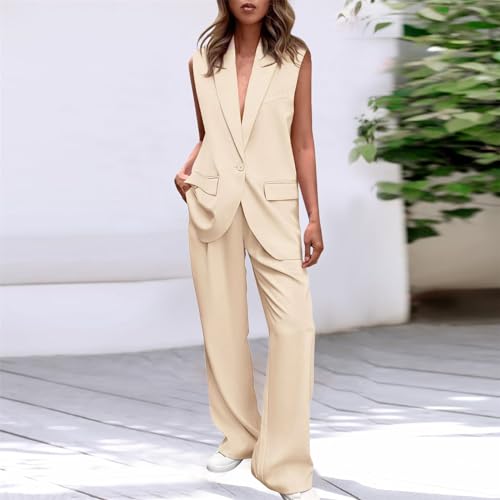 Aniywn Elegant Summer Pants Sets Women 2 Piece Outfits Dressy Casual Vest and Wide Leg Pants Business Office Work Blazer Sets2