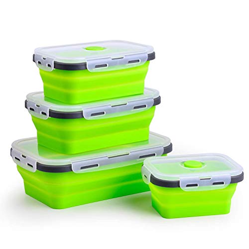 T-Buy - Fiambrera de silicona, 4 unidades de recipientes plegables de almacenamiento de alimentos, caja de almuerzo Bento, microondas lavavajillas congelador horno Saf (verde)