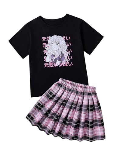 Image of Floerns Girl's Two Piece Outfit Japanese Letter Print Tee Shirt with Plaid Skirt Purple 11-12Y