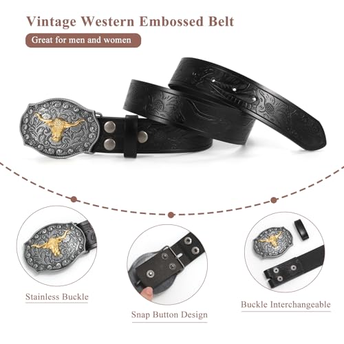 VONMELLI Western Belt for Men Women, Embossed Leather with Bull Buckle3