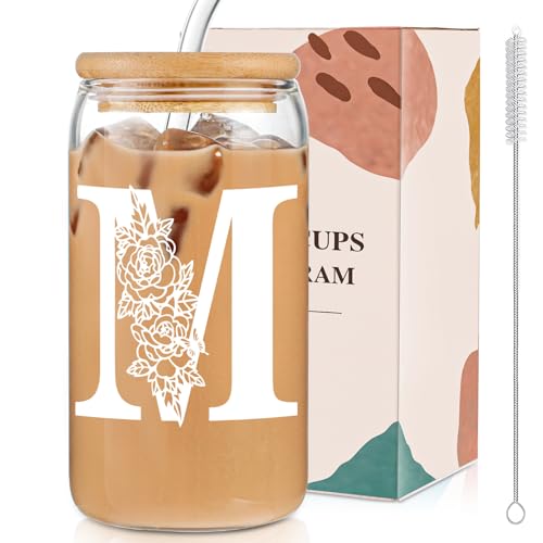 Glass Cups with Lids and Straws: Personalized Initial Glass Cup Be Used As Reusable Iced Coffee Cups with Lids,Cute Matcha Tumbler - The Christmas-Birthday Gifts for Women - M Smoothie Cup