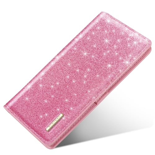 Simikol Ultra Slim Womens Wallet Minimalist Thin Long Leather Bifold Wallet RFID Blocking Card Holder Organizer with Zipper Coin Pocket Ladies Girls Gift Purse, Glitter Dark Pink