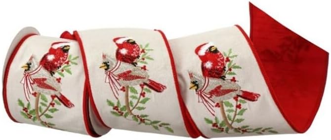 Regency International Embroidered Dupion Cardinal with Holly Ribbon, 5-Yard, Red White Green