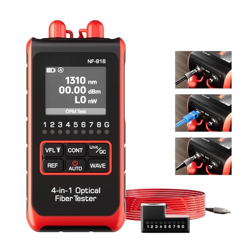 RAINLEOTI 4-in-1 Mini OTDR Fiber Optic Tester – NF-916 Optical Power Meter + 10mW VFL Visual Fault Locator, OPM, FC/SC/ST Ports, USB-C Rechargeable Portable Fiber Cable Tester