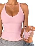 Danysu Camiseta sin mangas de algodón con cuello en V y sujetador integrado sin mangas espalda nadadora, rosa pastel, XS
