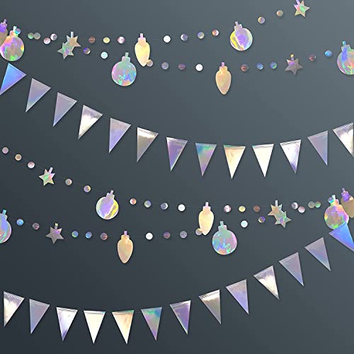 24Ft Iridescent Paper Party Decorations Bulb Star Circle Dots Streamer Garland Holographic Flag Bunting Banner for Birthday Wedding Baby Shower Nursery Home Kids Room Classroom Hanging Decor