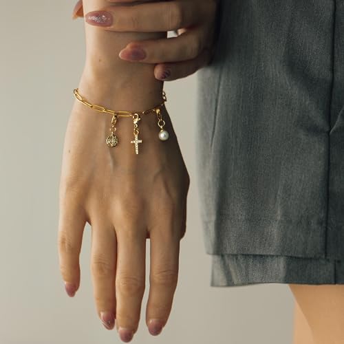 Charm Bracelet for Women, Charm Bracelet with Charms, Pearl Compass Cross Charms, Handmade Jewelry, Gold Bracelets for Women3