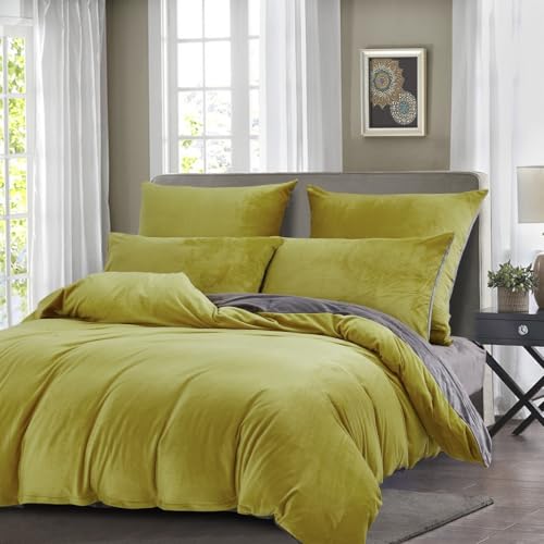 Gezu - Funda nórdica de franela de terciopelo, 240 x 260 cm, color amarillo y gris, para invierno, juego de cama doble cara, mullida y cálida para 2 personas, con 2 fundas de almohada de 65 x 65 cm y
