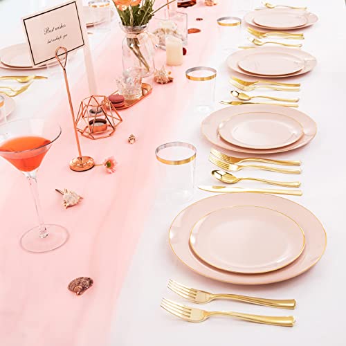 Liyh 180Pcs Pink Plastic Plates & Gold Plastic Dinnerware Set-Include 30 Pink Easter Plates,30 Pink Dessert Plates,30 Forks,30 Knives,30 Spoons-Perfect For Easter Day And Mother's Day #TOP4