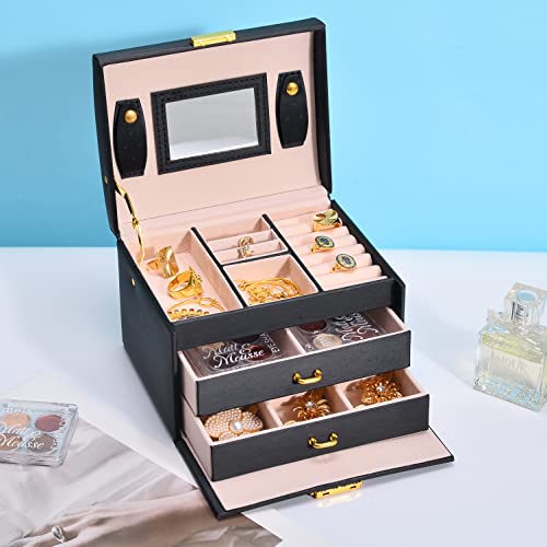 Rainberg® Petite boîte de rangement pour bijoux | Cuir PU noir 3 étages avec compartiments de rangement Ajustable Vintage Rangement de bijoux Cover