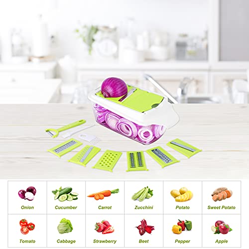 Foto von Gemüseschneider Gemüsehobel mit 7 Klingen aus Edelstahl, Gemüsehobel Multischneider, Gemüse Schneider Manuell für Obst und Gemüse, Vegetable Chopper Grüner