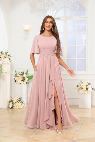 OFEECHUN Flutter Sleeve Chiffon Bridesmaid Dresses for Women with Slit A Line Ruffle Formal Wedding Guest Dress with Pockets4