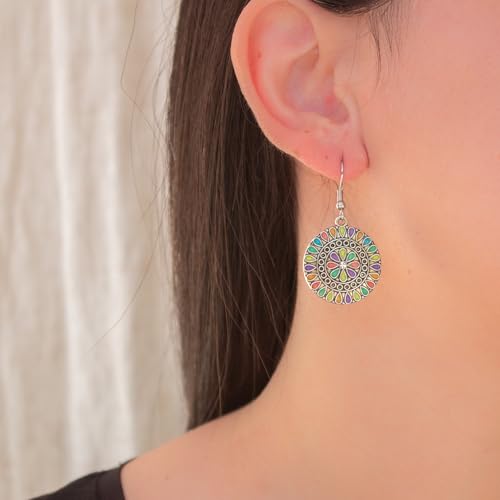 Miniatura 4 de Pendientes Bohemio Vintage De Plata Tibetana Y Acero Inoxidable Plateado. Pendientes Redondos Mujer Colgantes Llamativos. Aretes Mujer Esmaltado Colorido. Ideal Para Regalar. Regalo Original Redondo