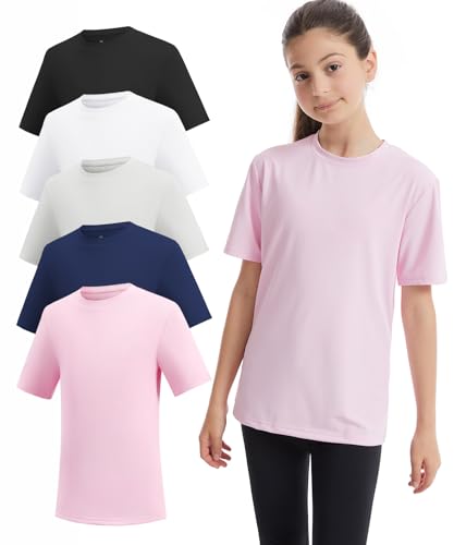 5 Packs Girls Athletic Shirts Short Sleeve Active T-Shirts Dry Fit, Sports Workout Shirts for Kids Teens