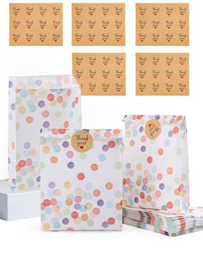 Acual Bolsas Chuches Cumpleaños 50 Pcs con 60 Pegatinas, Bolsitas Regalo Papel con Lunares, Resistente al Aceite para Candy Bar, Bodas, Picnics, Camping, Fiestas y Navidad (19x13x3cm)
