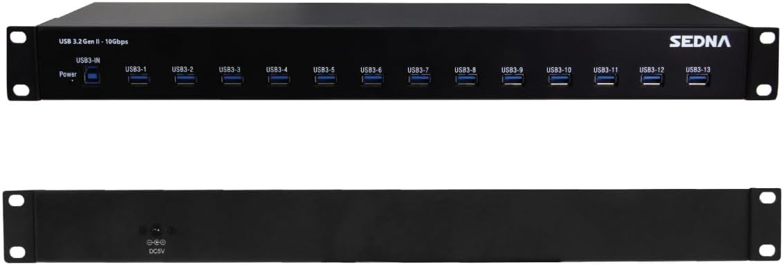 SEDNA - 19 Inch 1U Rack Mount 13 Port USB 3.2 Gen II Hub (10Gbps) (13 x Type A Ports) with 5V 10A AC/DC Adapter