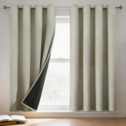 Neween 100% Blackout Curtains with Black Liner, Grommet Thermal Insulated Blockout Curtains Set of 2 Panels, Light Blocking Window Draperies for Living Room/Bedroom (Light Beige, Each W94cm x D160cm)
