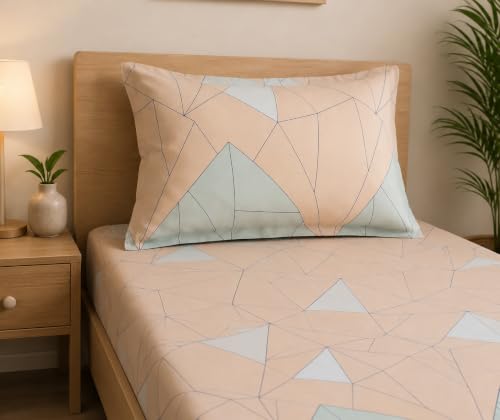 Image of LOOMLYFE Microfiber Soft Cotton Single Bed Bedsheet for Diwan Bed, Size 60 Inches X 90 Inches, 152 X 230 cm with 1 Large Size Pillow Covers Without Joint - BeigeGreenTriangle