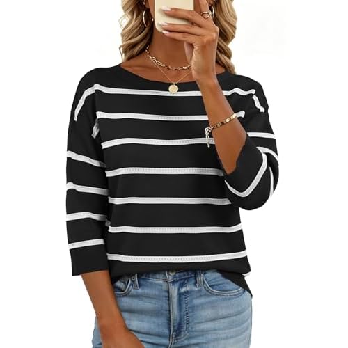 LOMON Womens Sweaters Casual Boat Neck 3/4 Sleeve Lightweight Knit Trendy Pullover Sweater Summer Tops S-XL