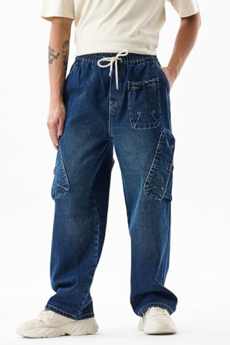 Image of SNITCH Men Cargo Pants | Relaxed Fit with Drawstring Closure & Multiple Utility Pockets | 100% Cotton Denim for Casual & Streetwear Styling