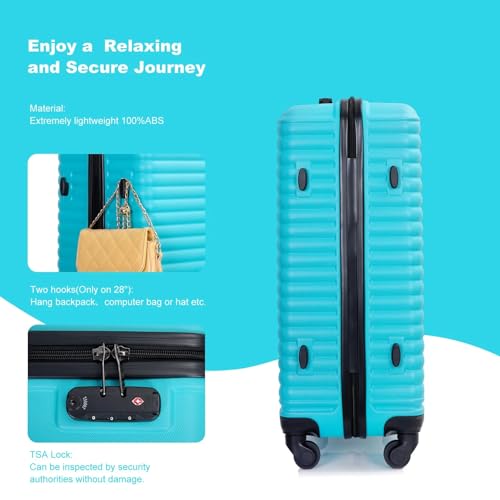 3-Piece Luggage Set (20" / 24" / 28"), ABS Durable & Lightweight Suitcase with 360° Spinner Wheels, Two Hooks and TSA Lock, Carry-On & Checked Travel Gear Set (Turquoise)4