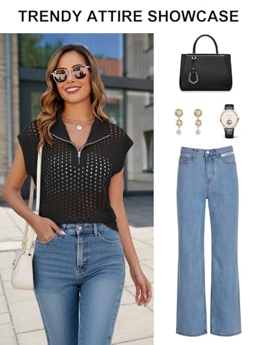 Women's Hollow Out Cap Sleeve Sweaters Vest Summer Crochet Tops Half Zip Ribbed Pullover Tank Tops4