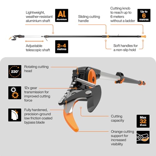 Fiskars Bypass Teleskop-Schneidgiraffe für frische Äste und Zweige, Antihaftbeschichtet, Stahlklinge/Aluminiumstiel, Länge 2,4 – 4 m, Schwarz/Orange, UPX86, 1023624 – Bild 5