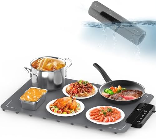 Portable Food Warming Mat with Waterproof Design, Silicone Food Warming Tray with 6 Temperature & 6 Timer Settings, Child Lock Safety, 8s Rapid and Full Surface Heating Food Warmer for Everyday Use