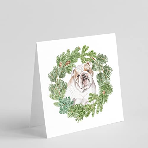 Caroline's Treasures CK8844GC55 Bulldog Fawn Head Tilt Christmas Wreath Square Greeting Cards and Envelopes Pack of 8 Blank Cards with Envelopes Blank Thank You Note Greeting Cards Stationery 5x5 Squa