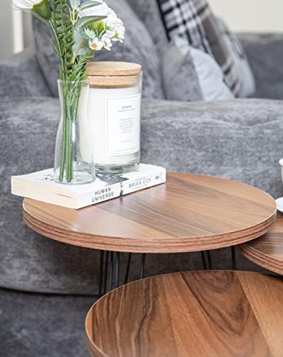 Bravich Set of 3 Round Side Coffee Tables, Nesting Tables, End Tables for Living Room, Dining Room, Bedroom, Modern Style, Metal Legs, Walnut Wood Effect Top
