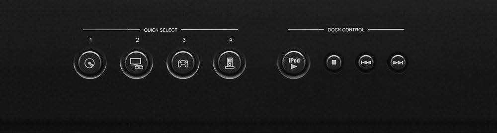 Front panel controls of Denon AVR-1312, showing Quick Select buttons and iPod dock control buttons.