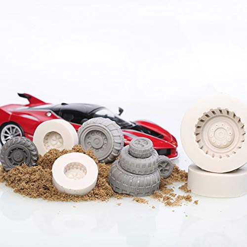 4Pcs/Set 3D Tire Fondant Mold, Round Car Truck Tractor Wheel Shape Silicone Mold for Sugarcraft Cake Decorating Chocolate Candy Polymer Clay Soap Candle (White)