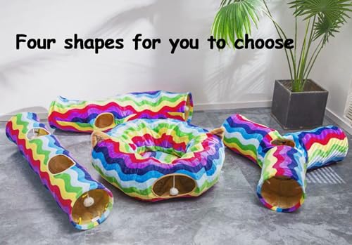 Image of Cat Tunnel -Straight-Shaped, Rainbow Wave Color, Soft Velvet Exterior, Oxford Fabric Fog-Proof Interior, Plush Toy Ball, Easily Washable, Conveniently Foldable, 47.2in /120cm