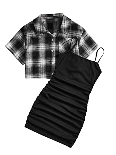 Milumia Girl's 2 Piece Outfits Plaid Button Up Short Sleeve Shirt And Ruched Cami Dress Set Black And White 8-9 Years #TOP9
